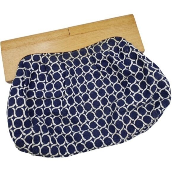 Old Navy Retro Style Wood handle Clutch Navy Blue Off White - Picture 15 of 15